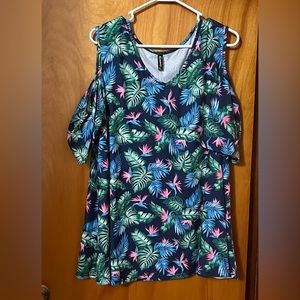 Cold Shoulder Tropical Print Blouse